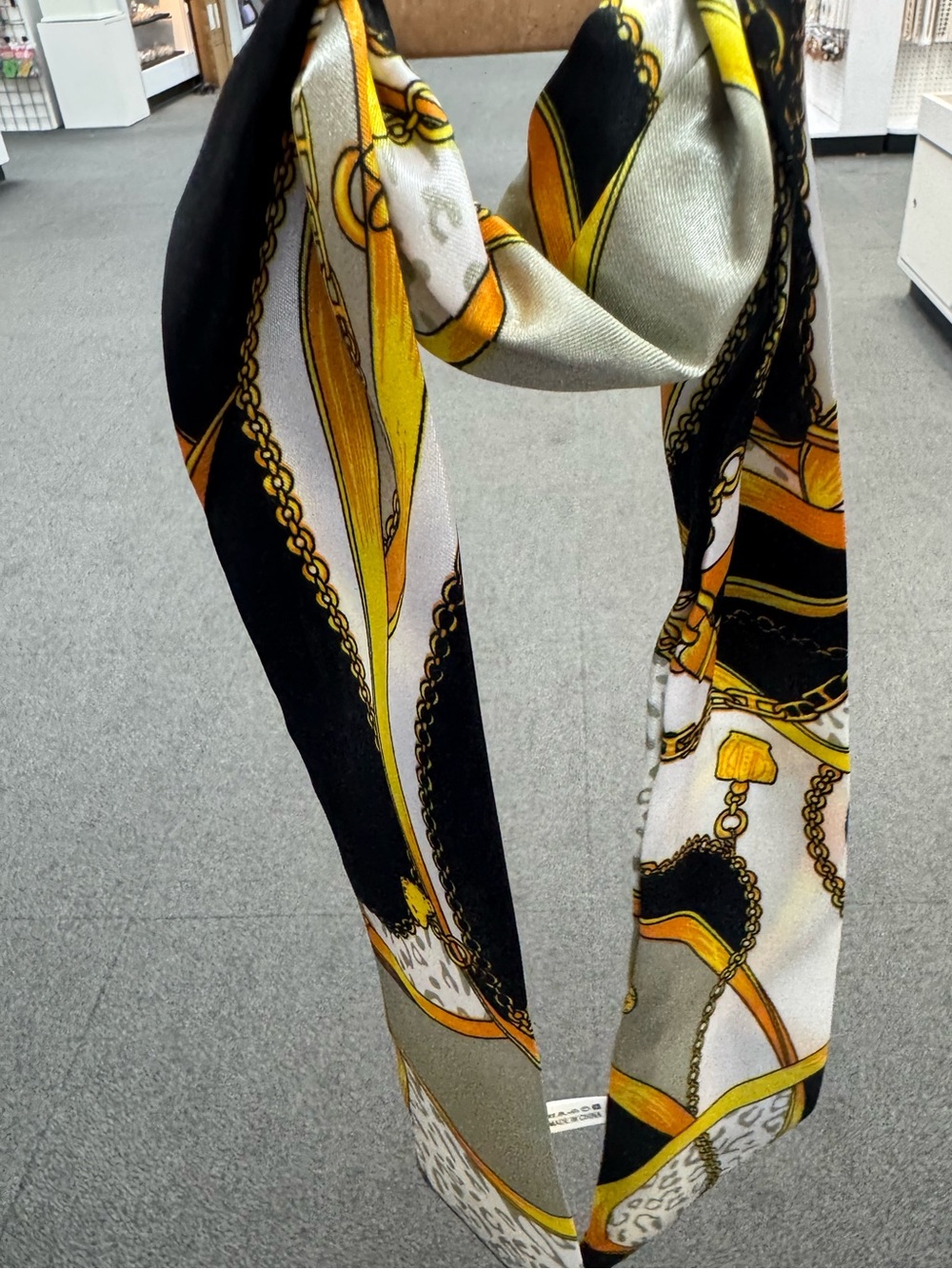 Silk-Feel Chain Print Twilly Scarf in Black, Gold & White